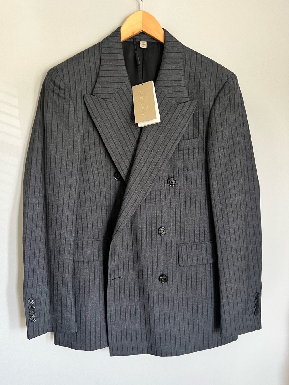 BURBERRY Men’s Mid Grey Melange Classic Pinstripe Double Breasted Blazer 40S